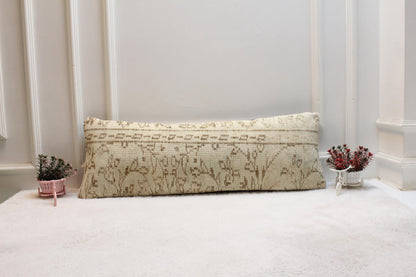 Handwoven Kilim Lumbar Pillow Cover – Cream & Tan Turkish Rug, 12x36”