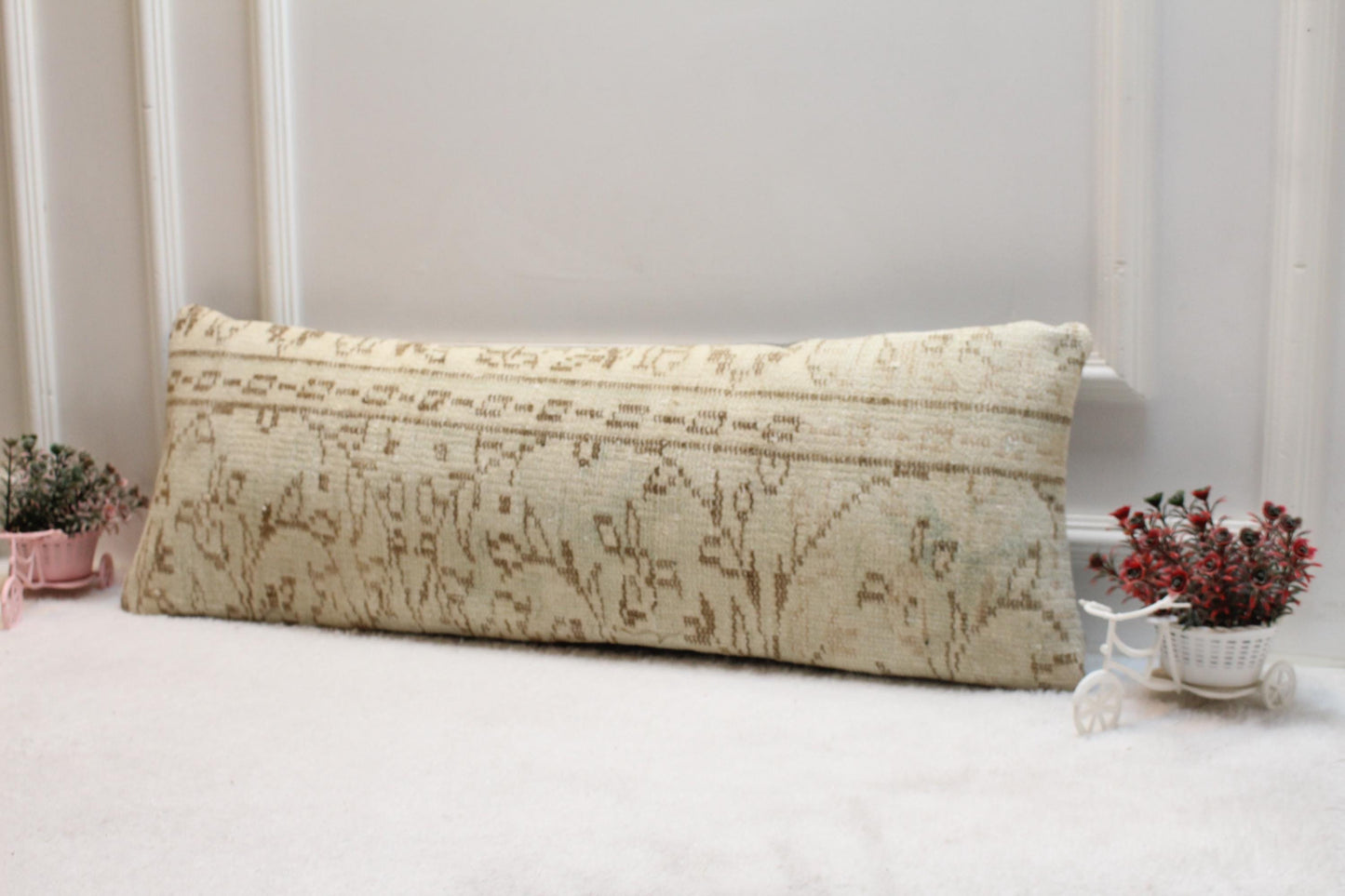 Handwoven Kilim Lumbar Pillow Cover – Cream & Tan Turkish Rug, 12x36”