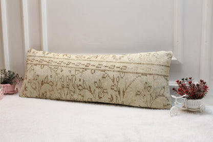 Handwoven Kilim Lumbar Pillow Cover – Cream & Tan Turkish Rug, 12x36”