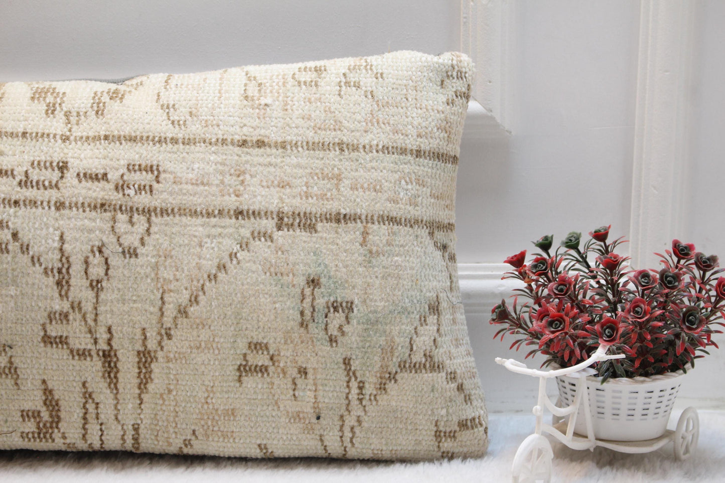 Handwoven Kilim Lumbar Pillow Cover – Cream & Tan Turkish Rug, 12x36”