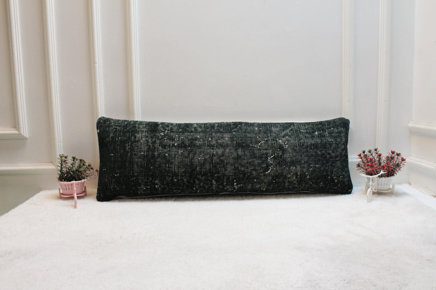Handwoven Kilim Lumbar Pillow Cover – Vintage Turkish Rug, 12x36" Green