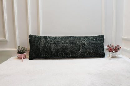 Handwoven Kilim Lumbar Pillow Cover – Vintage Turkish Rug, 12x36" Green