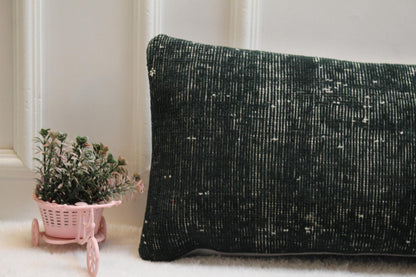Handwoven Kilim Lumbar Pillow Cover – Vintage Turkish Rug, 12x36" Green