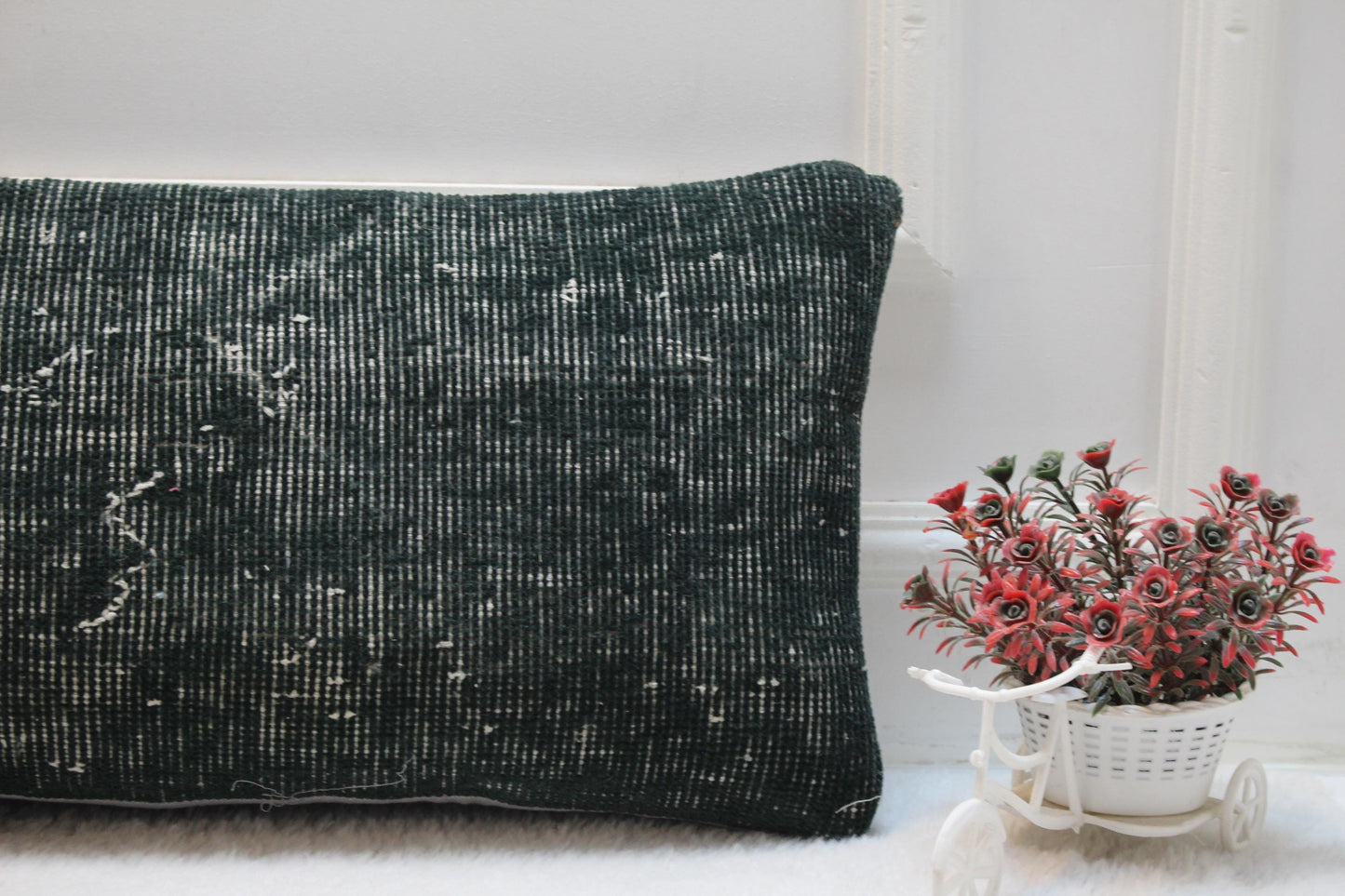 Handwoven Kilim Lumbar Pillow Cover – Vintage Turkish Rug, 12x36" Green
