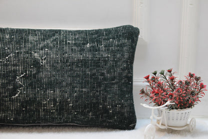 Handwoven Kilim Lumbar Pillow Cover – Vintage Turkish Rug, 12x36" Green