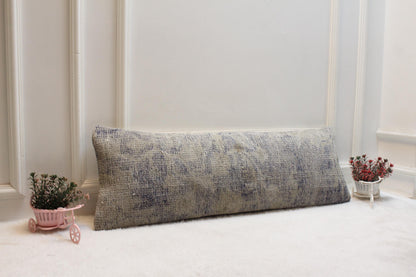 Handwoven Turkish Kilim Lumbar Pillow – Vintage Navy Beige Rug Cushion, 12x36”
