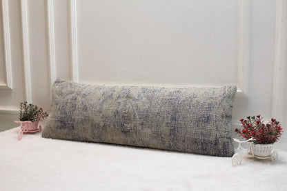 Handwoven Turkish Kilim Lumbar Pillow – Vintage Navy Beige Rug Cushion, 12x36”