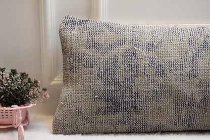 Handwoven Turkish Kilim Lumbar Pillow – Vintage Navy Beige Rug Cushion, 12x36”