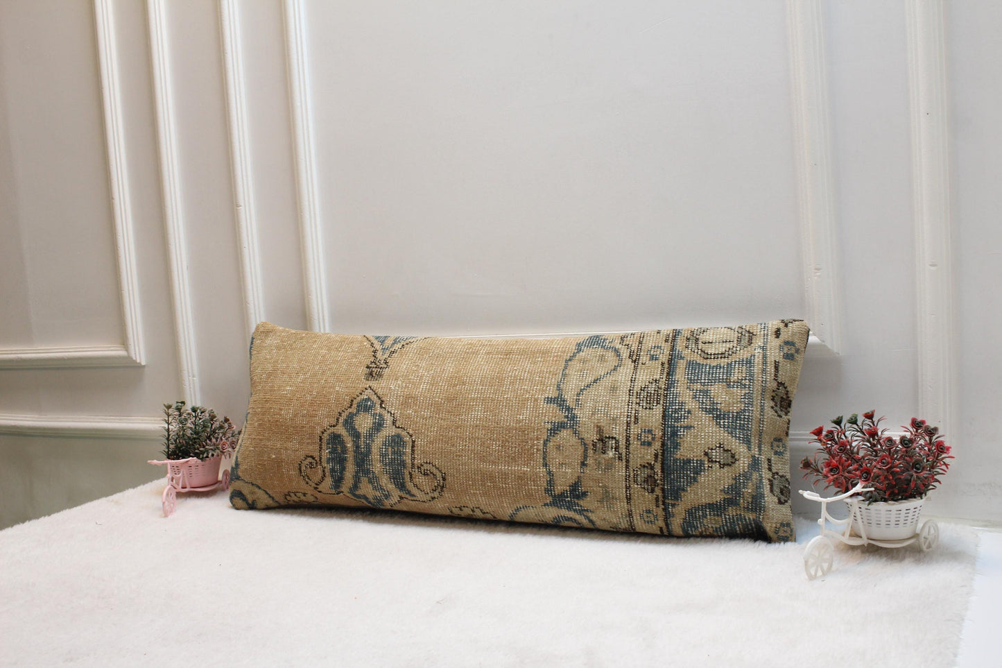 Handwoven Kilim Lumbar Pillow – Vintage Turkish Rug Cushion, 12x36
