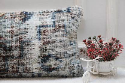 Handmade Kilim Lumbar Pillow – 12x36" Turkish Rug Cushion, Earthy Blues