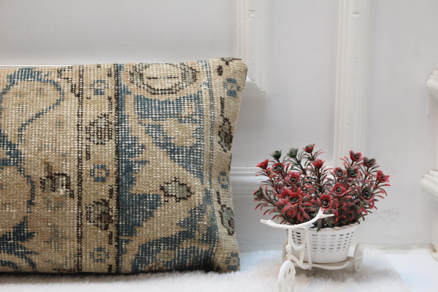 Handwoven Kilim Lumbar Pillow – Vintage Turkish Rug Cushion, 12x36