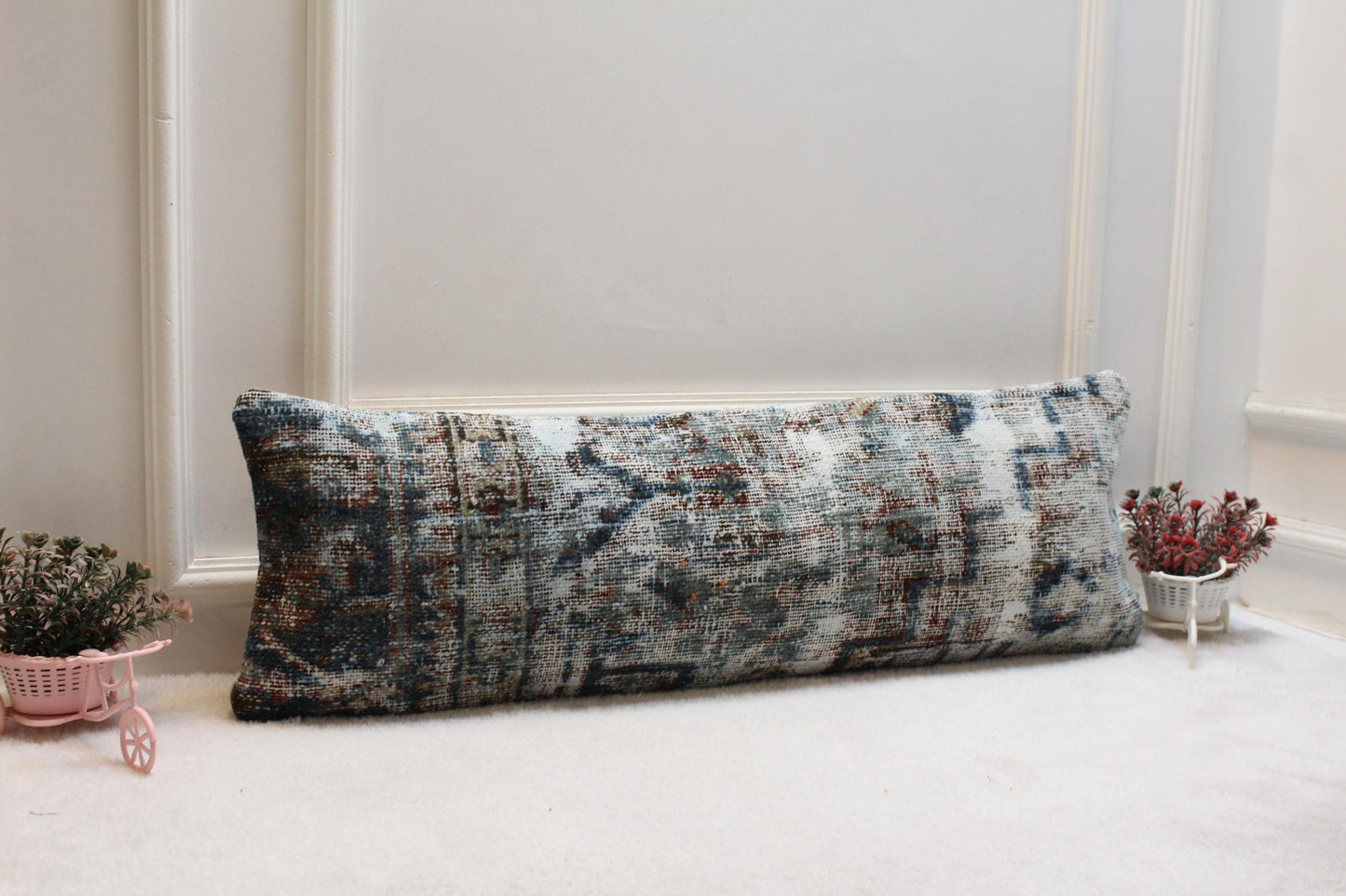 Handmade Kilim Lumbar Pillow – 12x36" Turkish Rug Cushion, Earthy Blues