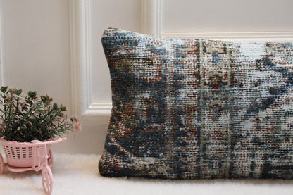 Handmade Kilim Lumbar Pillow – 12x36" Turkish Rug Cushion, Earthy Blues