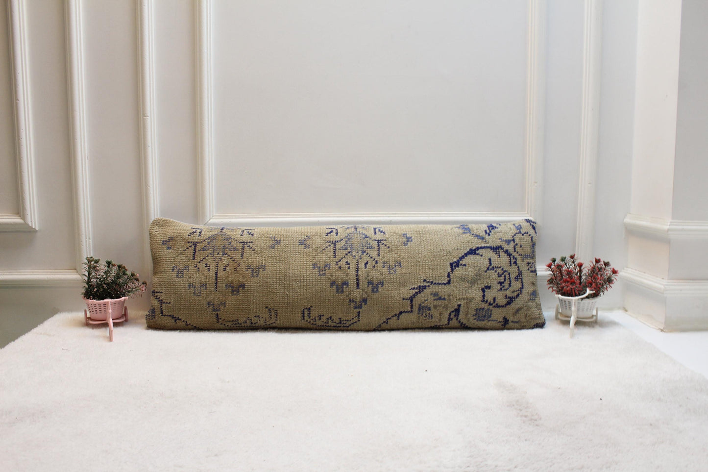 Handwoven Kilim Lumbar Pillow 12x36 – Faded Beige & Blue Turkish Wool Cushion