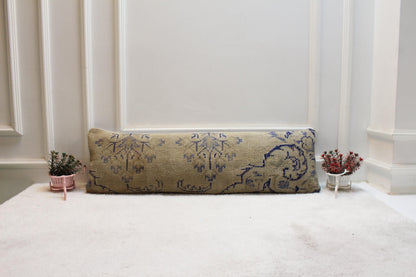 Handwoven Kilim Lumbar Pillow 12x36 – Faded Beige & Blue Turkish Wool Cushion