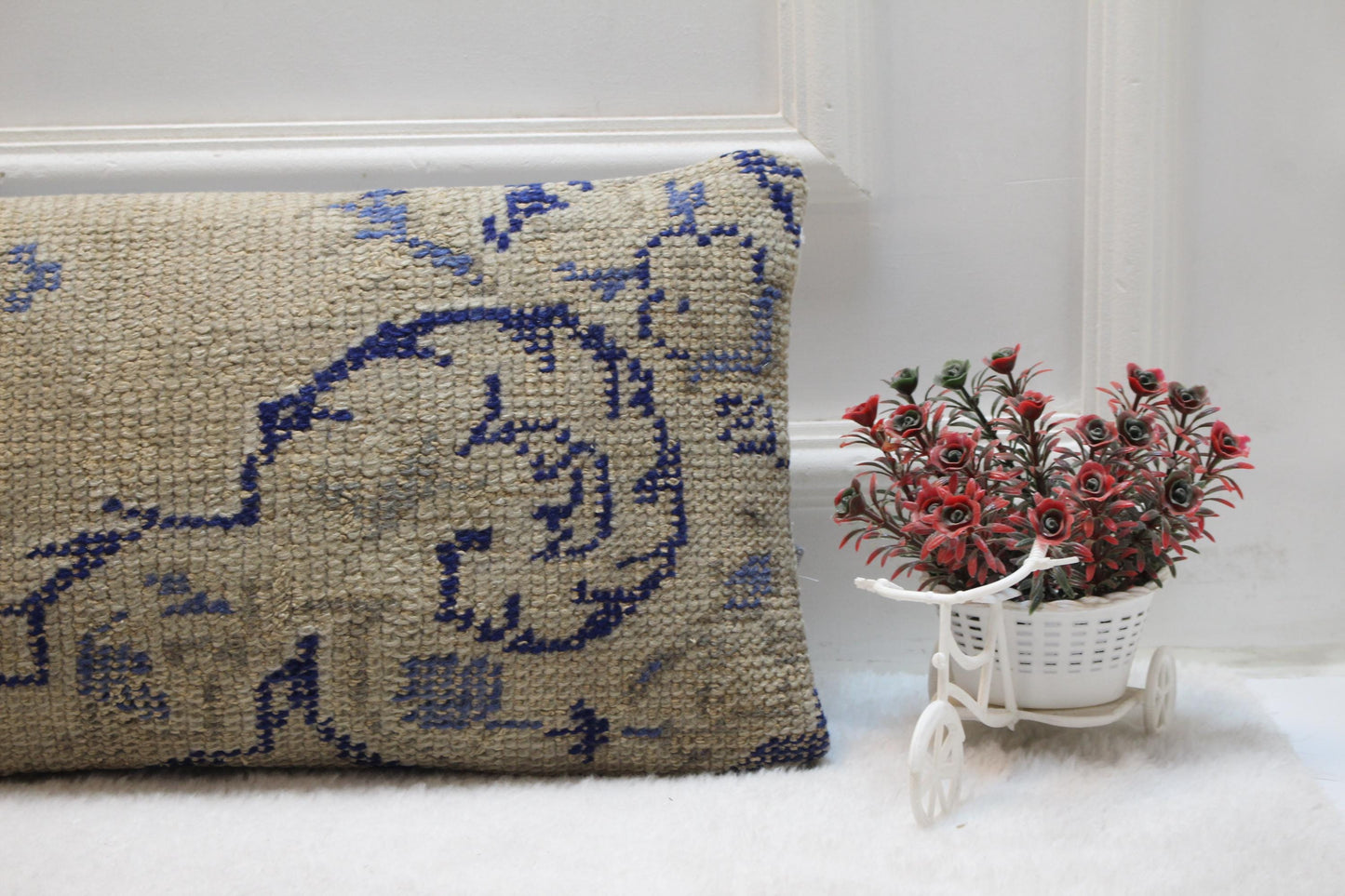 Handwoven Kilim Lumbar Pillow 12x36 – Faded Beige & Blue Turkish Wool Cushion