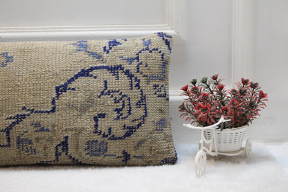 Handwoven Kilim Lumbar Pillow 12x36 – Faded Beige & Blue Turkish Wool Cushion