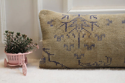 Handwoven Kilim Lumbar Pillow 12x36 – Faded Beige & Blue Turkish Wool Cushion