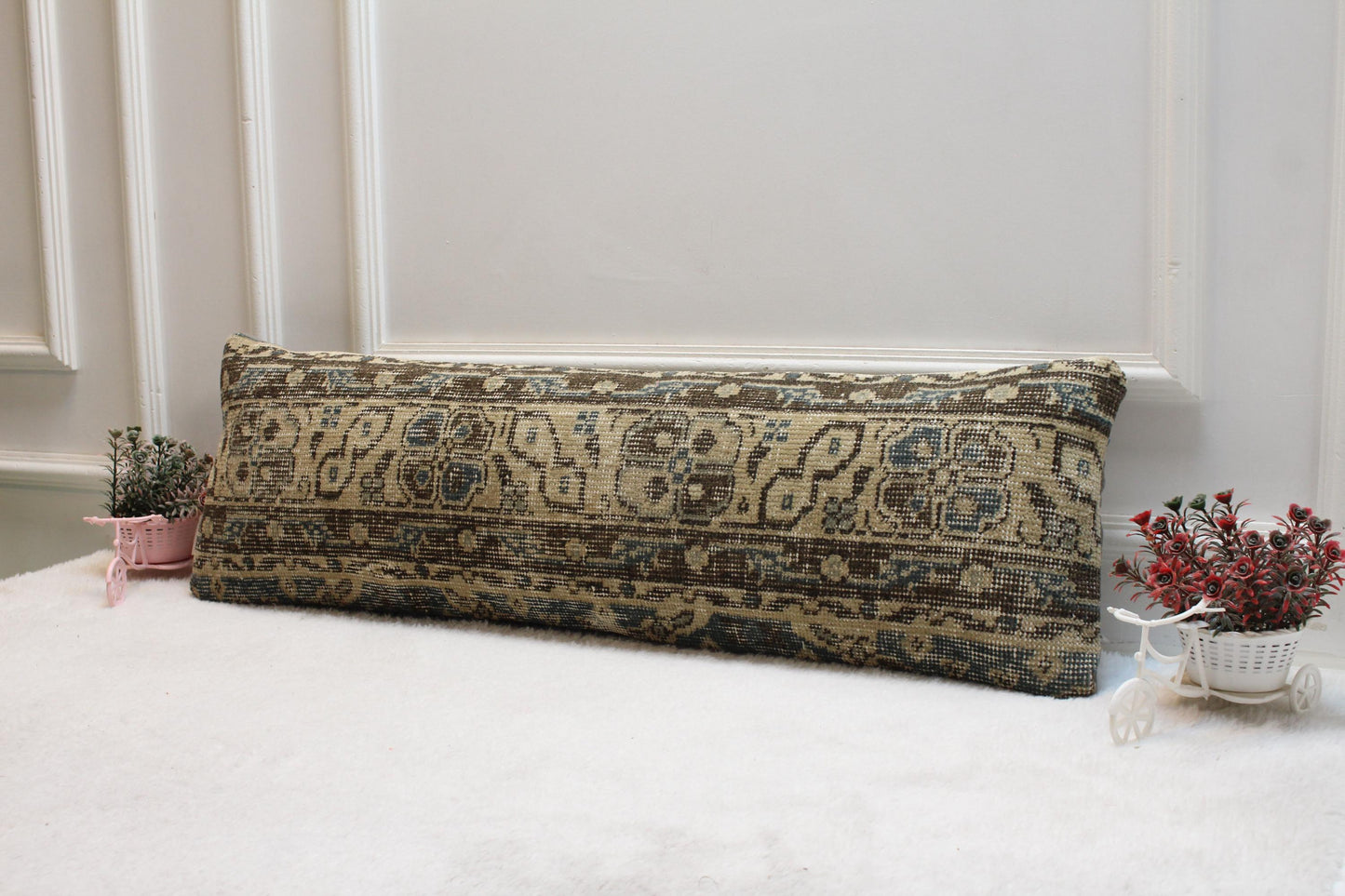 Handwoven Turkish Kilim Lumbar Pillow: Beige Brown Boho Decor (12x36)