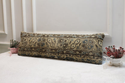 Handwoven Turkish Kilim Lumbar Pillow: Beige Brown Boho Decor (12x36)