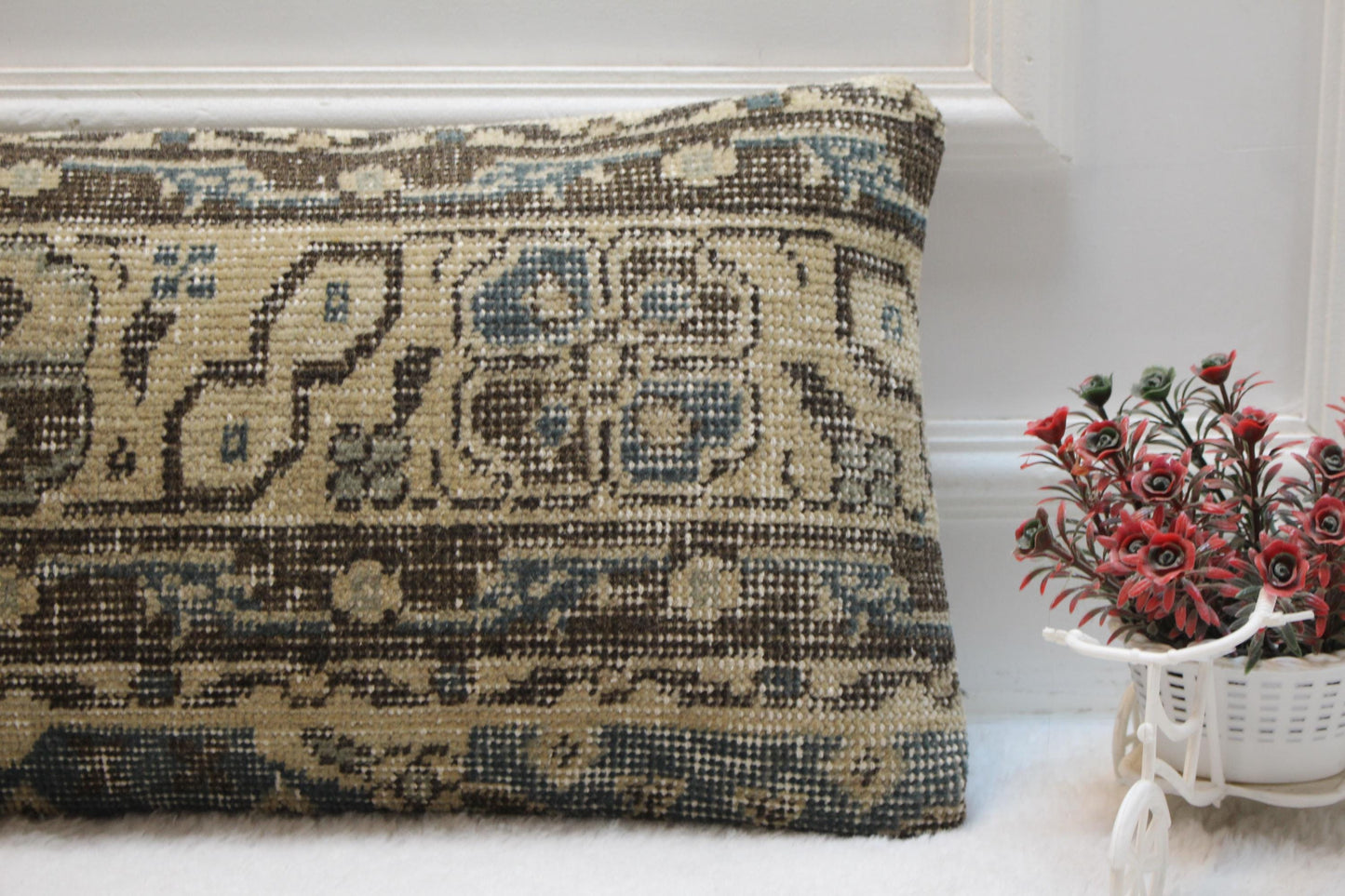 Handwoven Turkish Kilim Lumbar Pillow: Beige Brown Boho Decor (12x36)