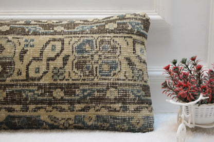 Handwoven Turkish Kilim Lumbar Pillow: Beige Brown Boho Decor (12x36)