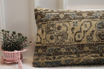 Handwoven Turkish Kilim Lumbar Pillow: Beige Brown Boho Decor (12x36)