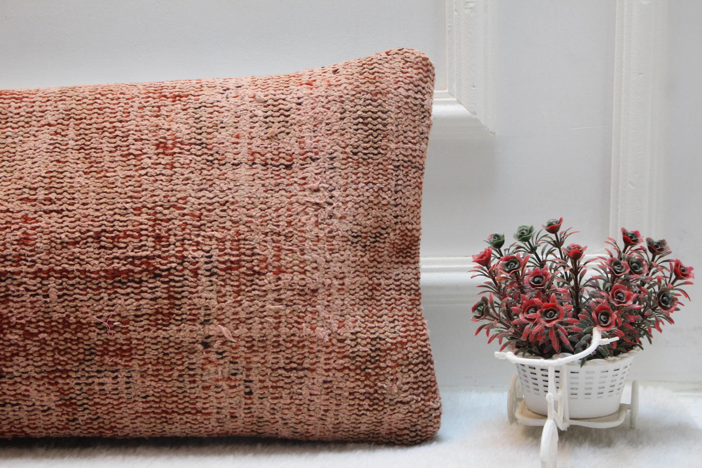 Rust Wool Kilim Lumbar Pillow Cover – Vintage Turkish Textile (12x36")