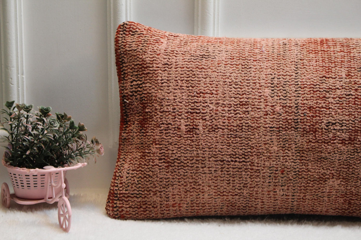 Rust Wool Kilim Lumbar Pillow Cover – Vintage Turkish Textile (12x36")