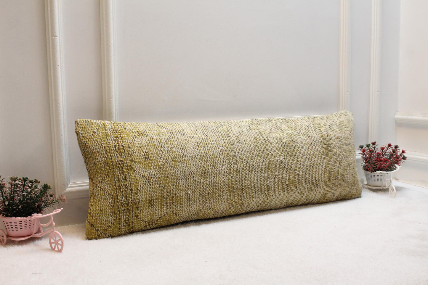 Vintage Yellow Turkish Rug Lumbar Pillow Cover, 12x36 inch