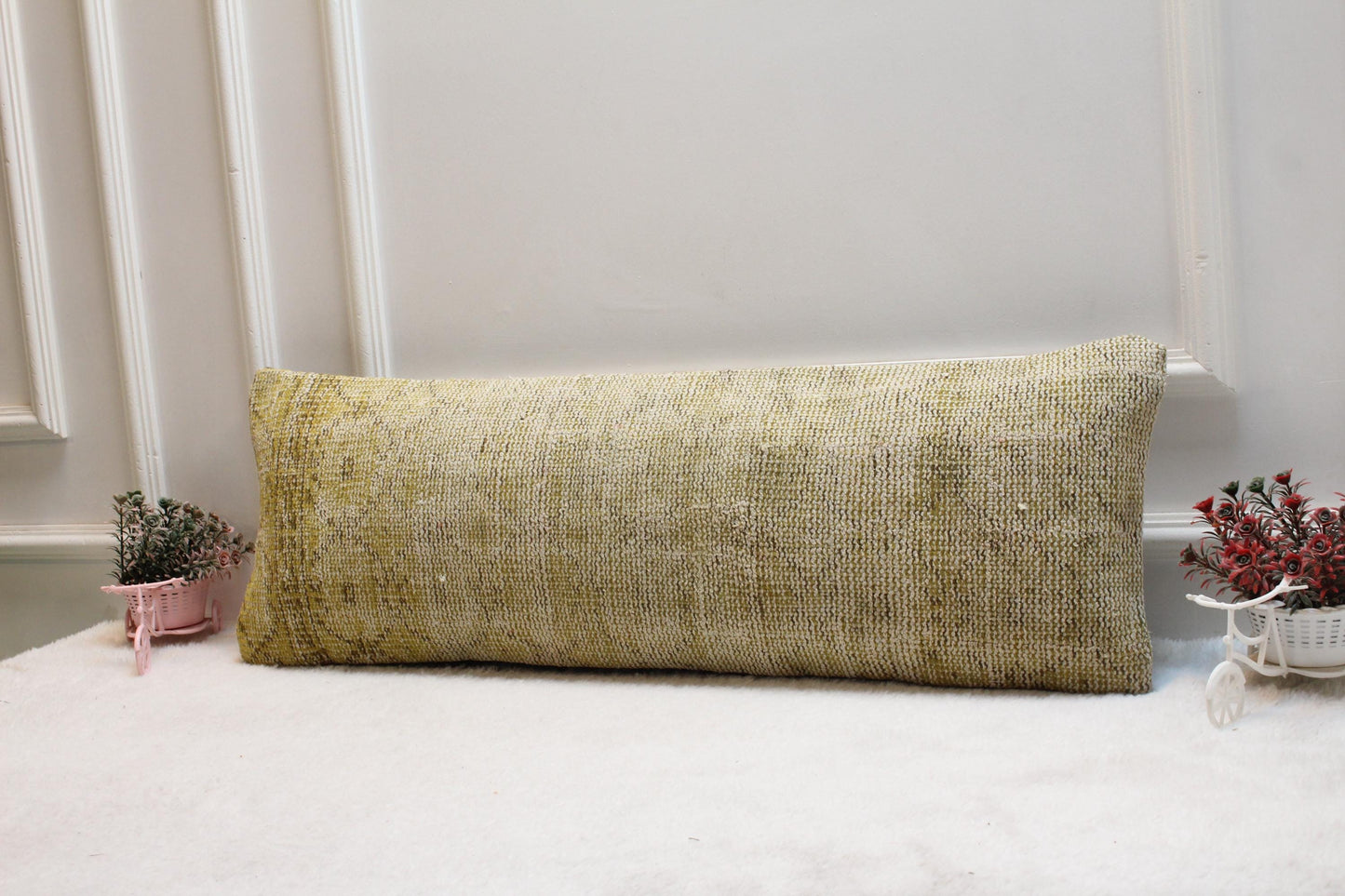 Vintage Yellow Turkish Rug Lumbar Pillow Cover, 12x36 inch
