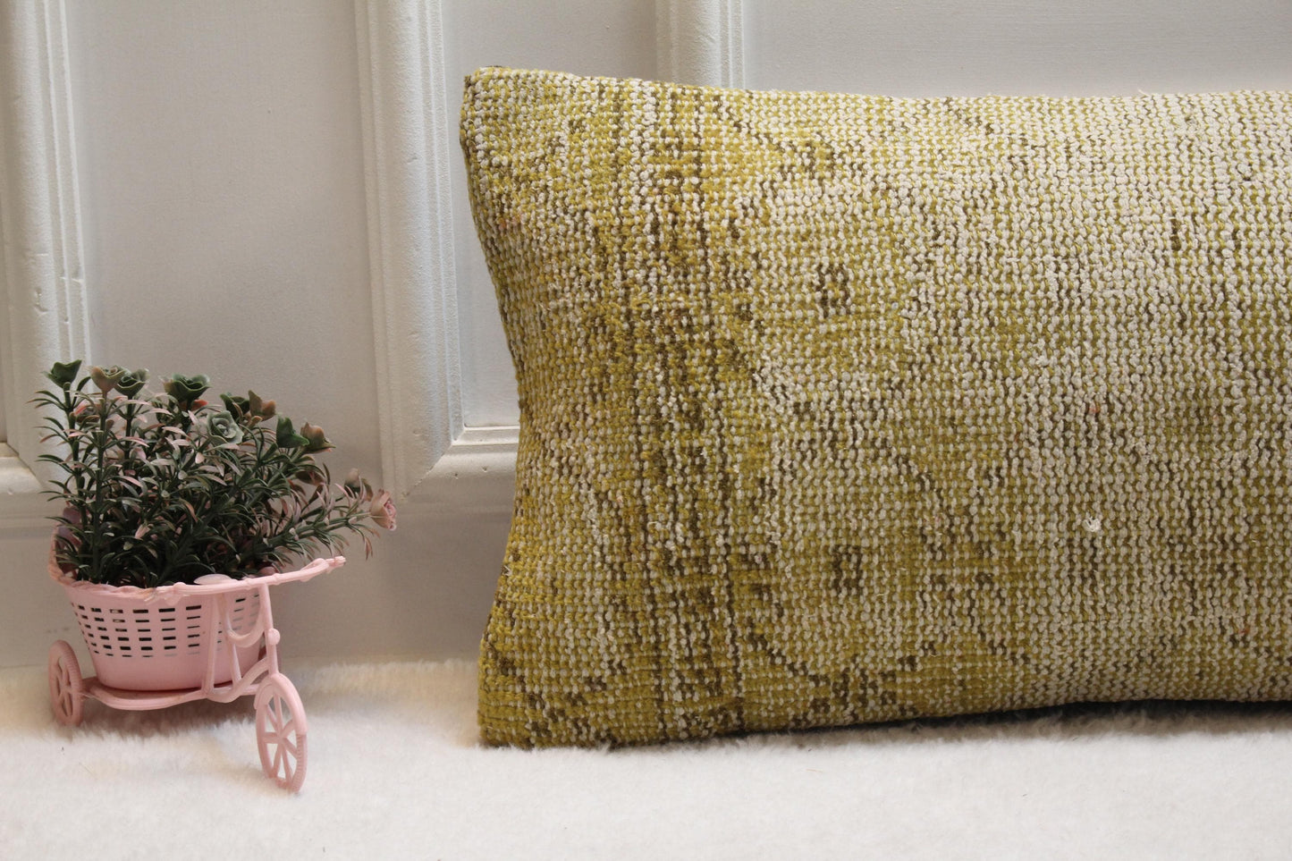 Vintage Yellow Turkish Rug Lumbar Pillow Cover, 12x36 inch