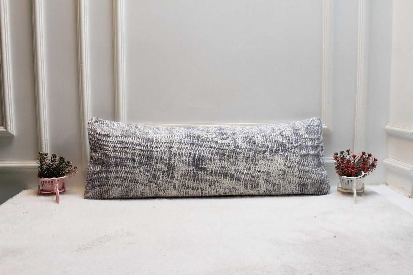 Handwoven Light Blue Kilim Lumbar Pillow Cover – Boho Farmhouse Accent (12x36”)