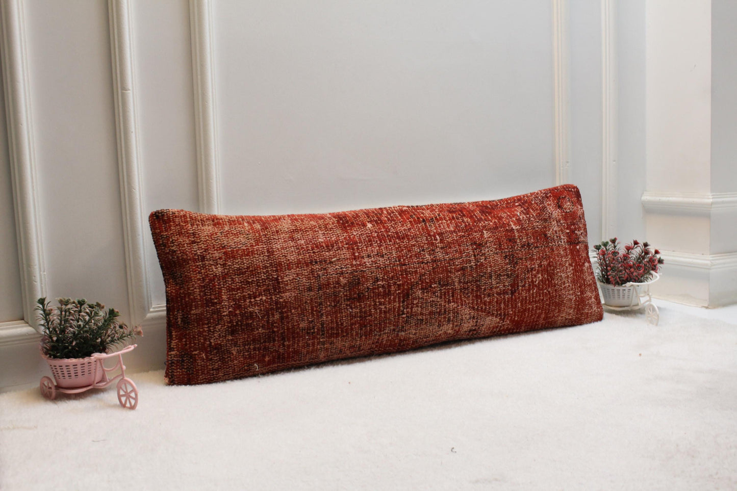 Rust Kilim Lumbar Pillow Cover 12x36 – Handwoven Turkish Wool, Bohemian Decor