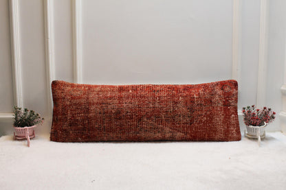 Rust Kilim Lumbar Pillow Cover 12x36 – Handwoven Turkish Wool, Bohemian Decor