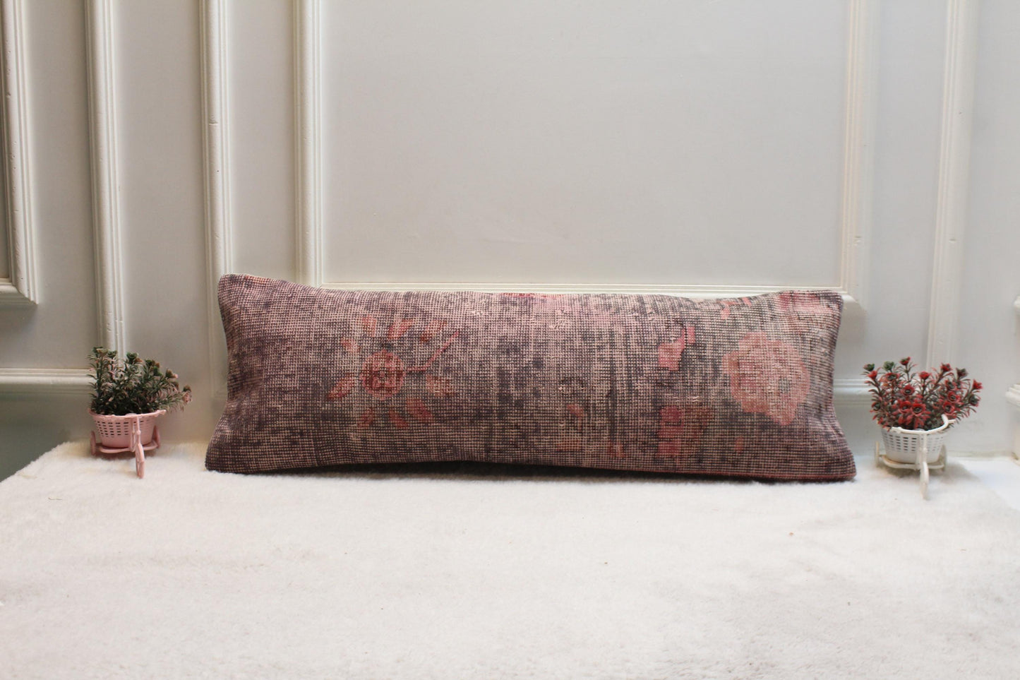 Handwoven Floral Kilim Lumbar Pillow – Vintage Turkish Wool Cushion (12x36”)