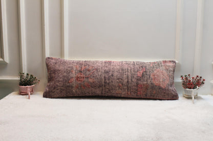 Handwoven Floral Kilim Lumbar Pillow – Vintage Turkish Wool Cushion (12x36”)