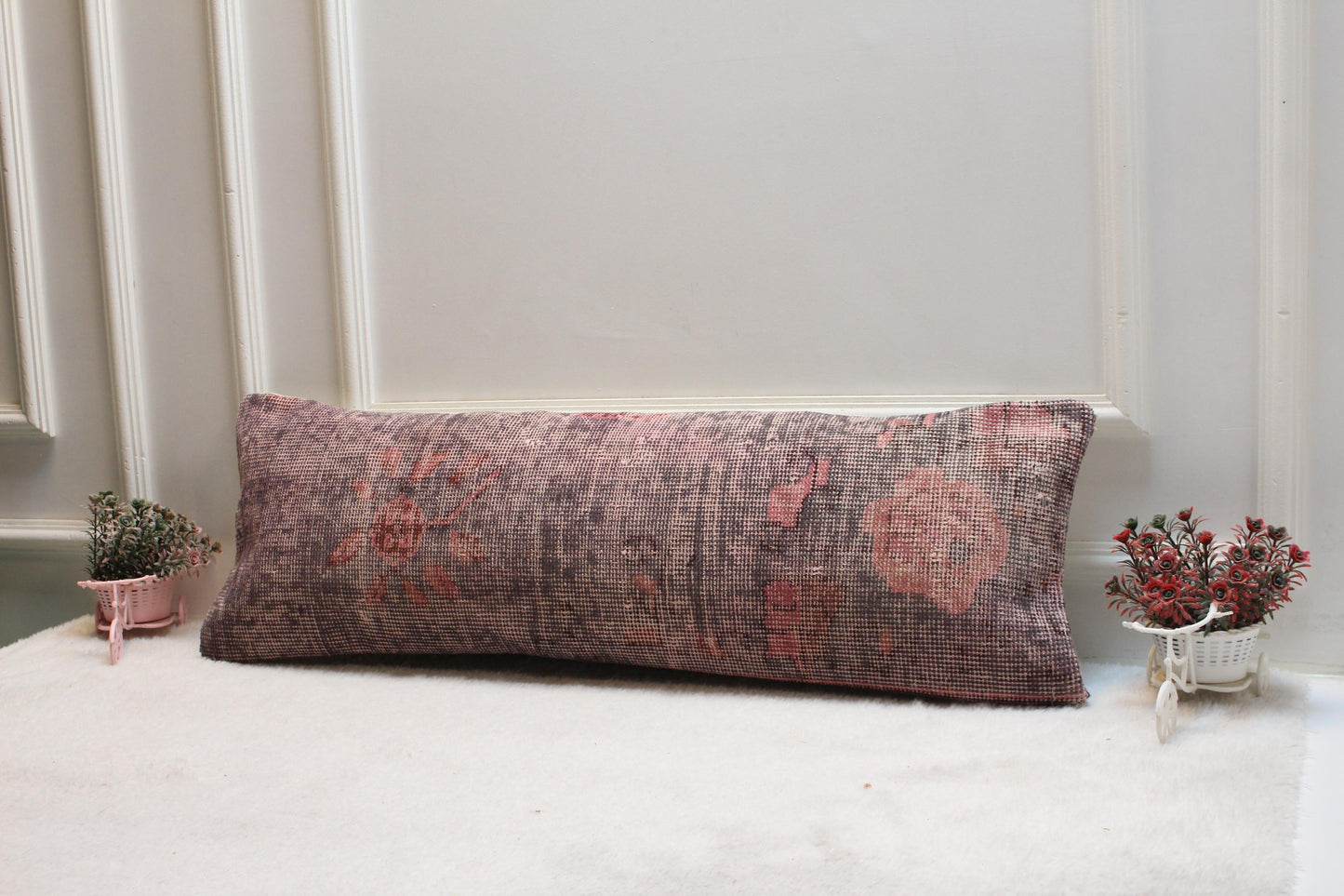 Handwoven Floral Kilim Lumbar Pillow – Vintage Turkish Wool Cushion (12x36”)