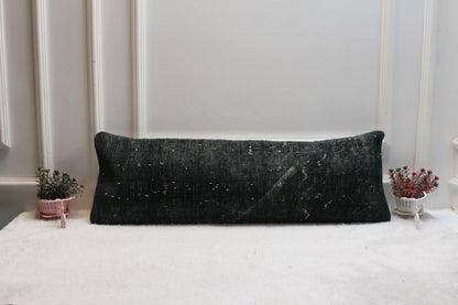 Handmade Wool Kilim Lumbar Pillow – 12x36 Green Ethnic Cushion Cover