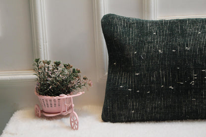 Handmade Wool Kilim Lumbar Pillow – 12x36 Green Ethnic Cushion Cover