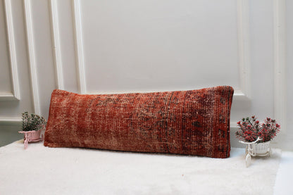 Handwoven Red Kilim Lumbar Pillow – Vintage Turkish Wool, 12x36