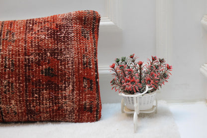 Handwoven Red Kilim Lumbar Pillow – Vintage Turkish Wool, 12x36