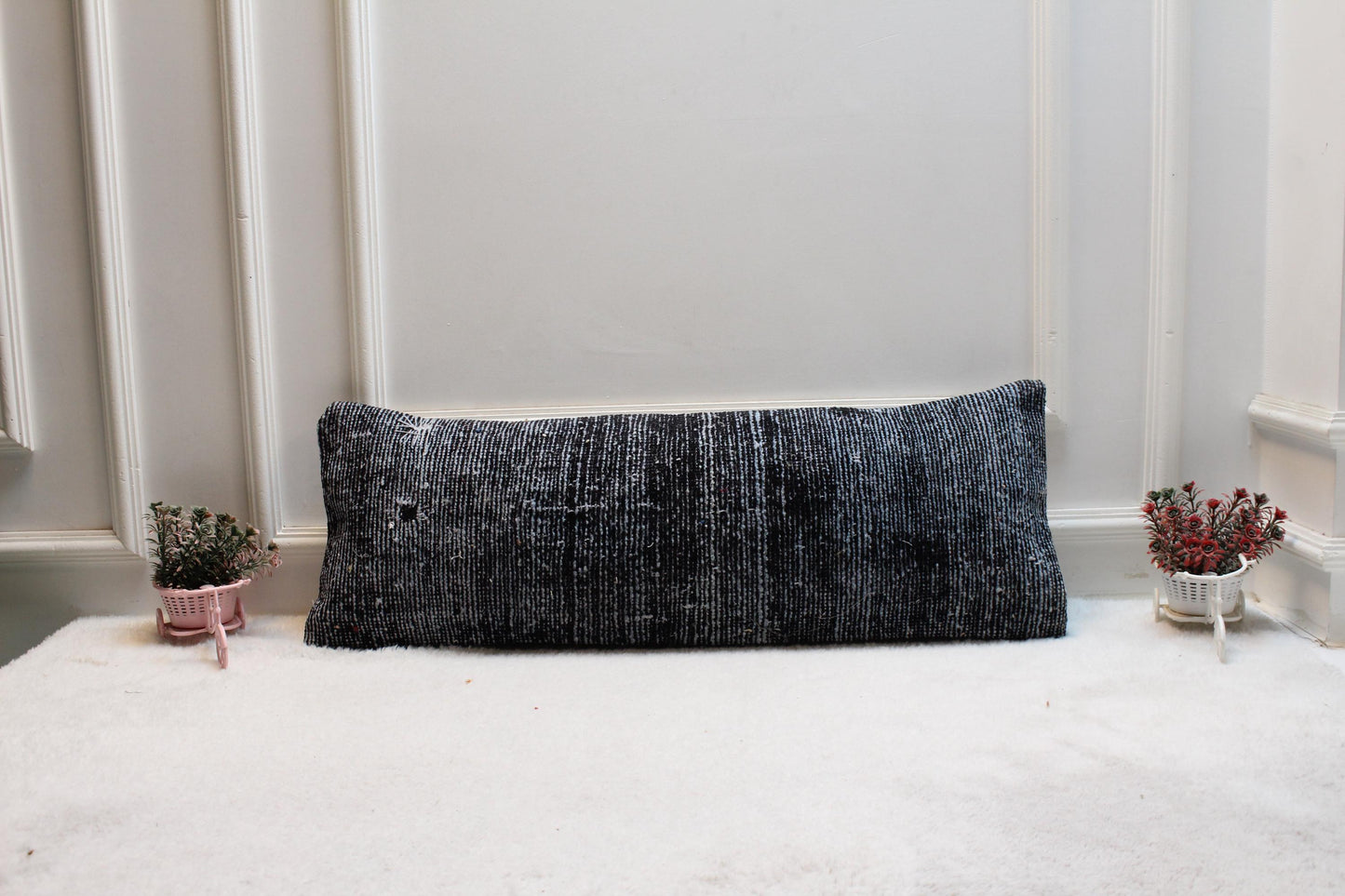 Navy Turkish Rug Lumbar Pillow Cover: Vintage Printed Bolster (12x36)