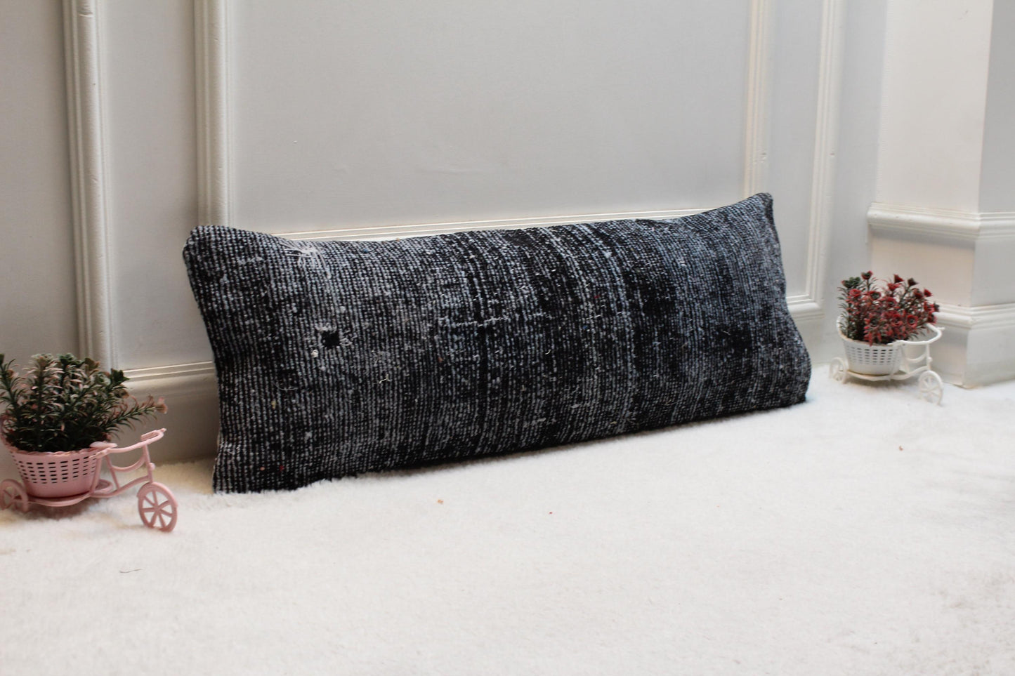 Navy Turkish Rug Lumbar Pillow Cover: Vintage Printed Bolster (12x36)