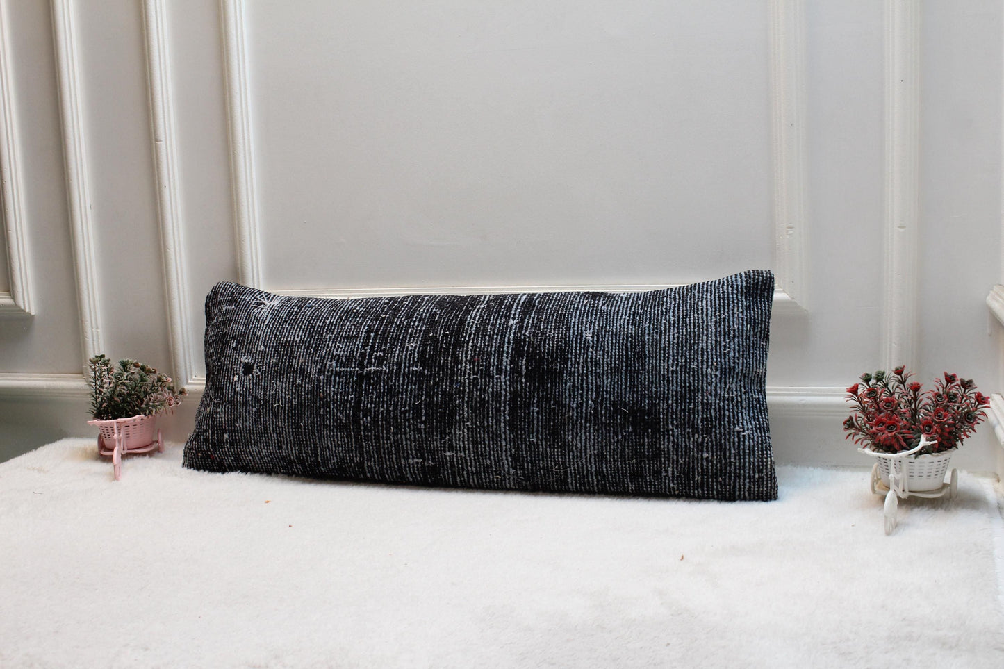 Navy Turkish Rug Lumbar Pillow Cover: Vintage Printed Bolster (12x36)
