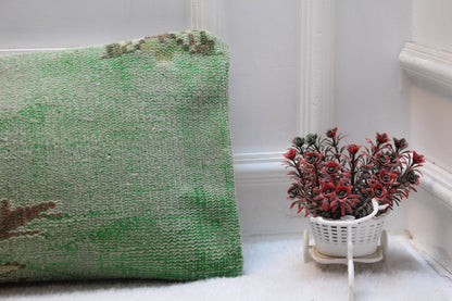 Green Turkish Rug Lumbar Pillow Cover: Boho Rustic Decor (12x36)