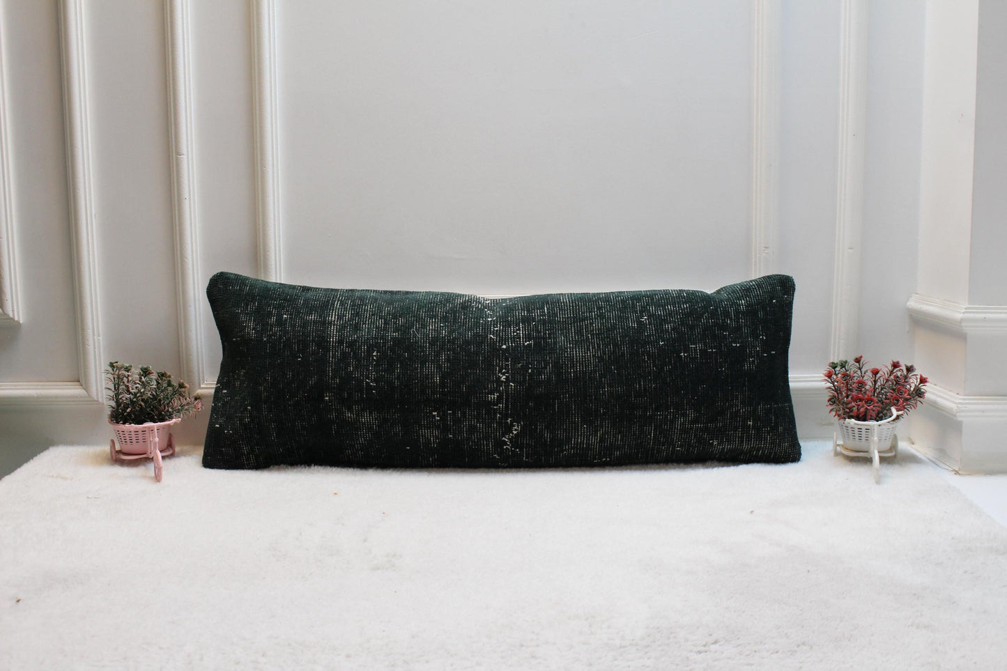 Dark Green Turkish Rug Lumbar Pillow Cover: Vintage Print 12x36
