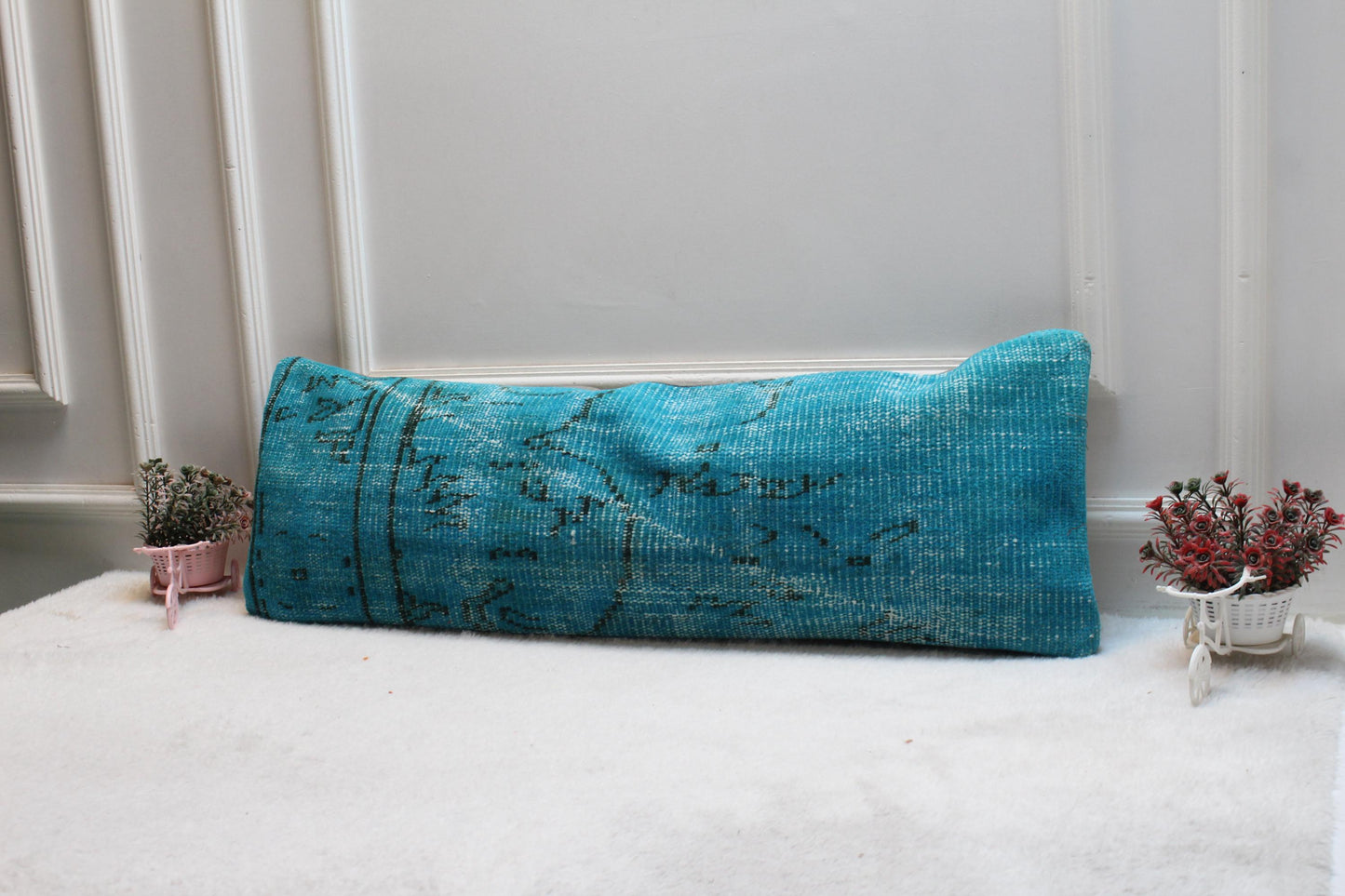Blue Turkish Rug Lumbar Pillow Cover: Coastal Boho Cushion (12x36)