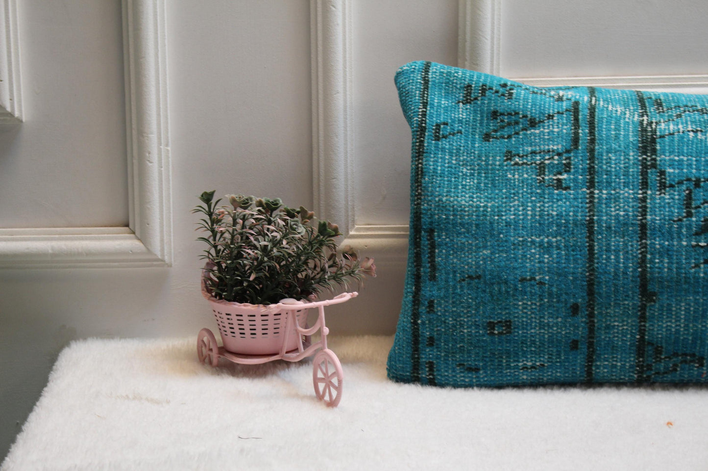 Blue Turkish Rug Lumbar Pillow Cover: Coastal Boho Cushion (12x36)