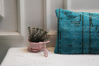 Blue Turkish Rug Lumbar Pillow Cover: Coastal Boho Cushion (12x36)